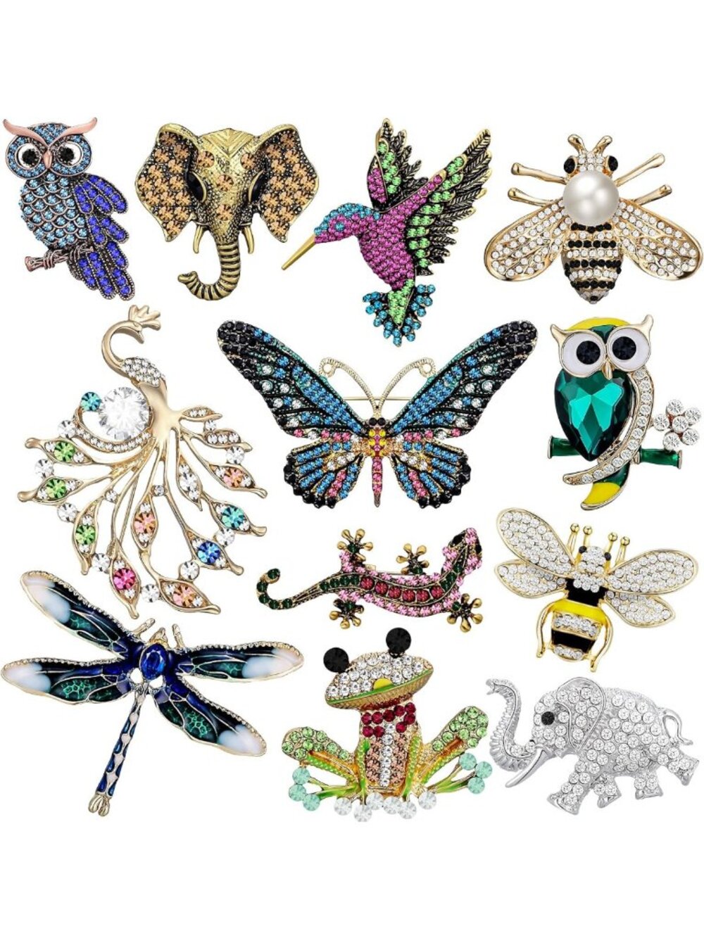 12 Vintage Rhinestone Brooches Set - Elegant Pins for Women, Bulk Accessories